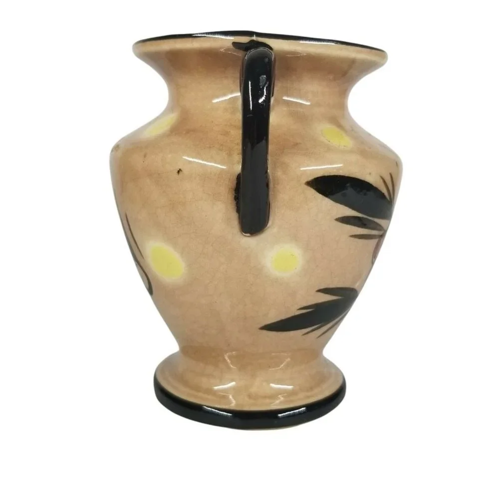 Vintage Double Handle Vase Made In Japan Flowers Floral Black Red Yellow Small
